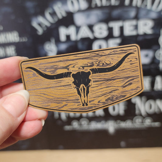 Rustic Longhorn Skull (Saddle Tan) Engraved Leatherette Hat Patch - MR01 - LoneStar Adhesive