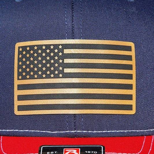 Saddle Tan American Flag Engraved Leatherette Hat Patch - MR01 - LoneStar Adhesive
