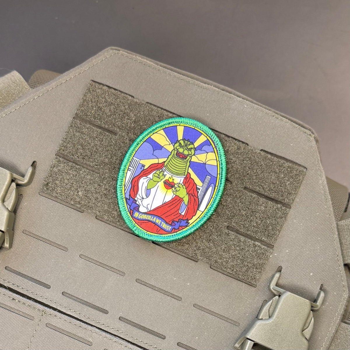 Saint Zilla, In Godzilla We Trust Funny Morale Patch, 2.5x3" | Made in USA | VELCRO® Brand Hook Backing - #LoneStar Adhesive#