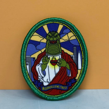 Saint Zilla, In Godzilla We Trust Funny Morale Patch, 2.5x3" | Made in USA | VELCRO® Brand Hook Backing - #LoneStar Adhesive#