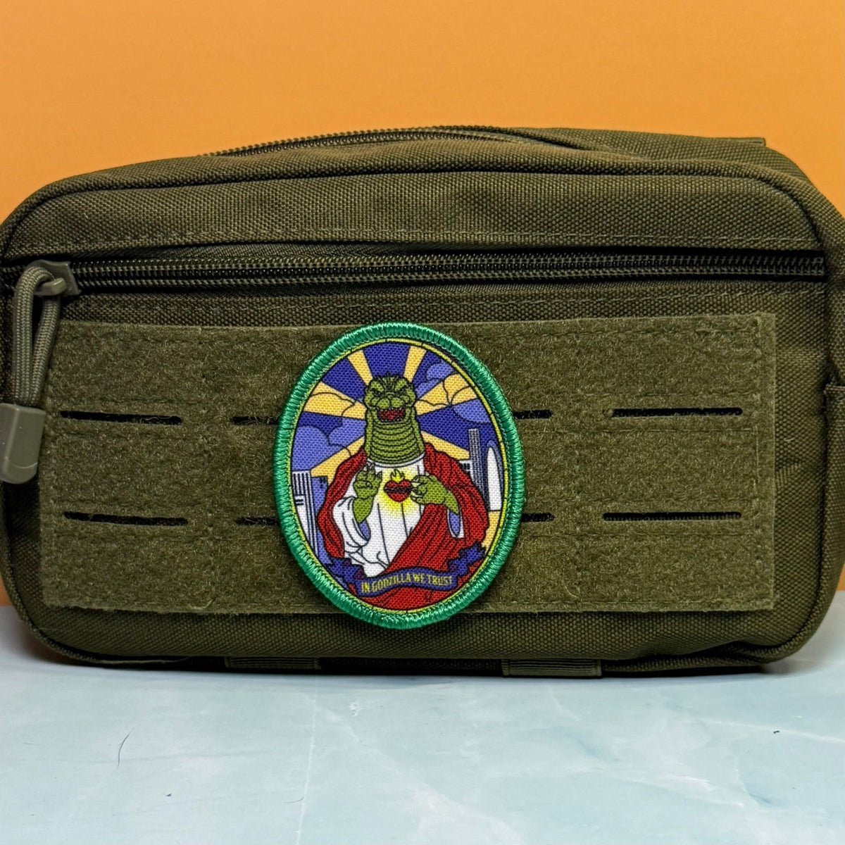 Saint Zilla, In Godzilla We Trust Funny Morale Patch, 2.5x3" | Made in USA | VELCRO® Brand Hook Backing - #LoneStar Adhesive#