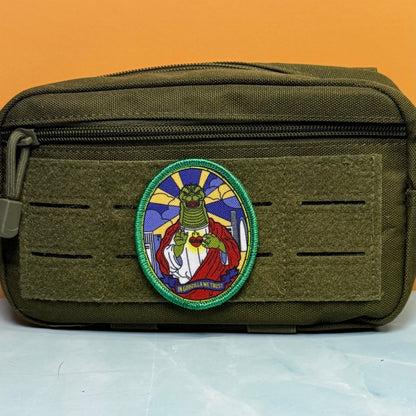 Saint Zilla, In Godzilla We Trust Funny Morale Patch, 2.5x3" | Made in USA | VELCRO® Brand Hook Backing - #LoneStar Adhesive#