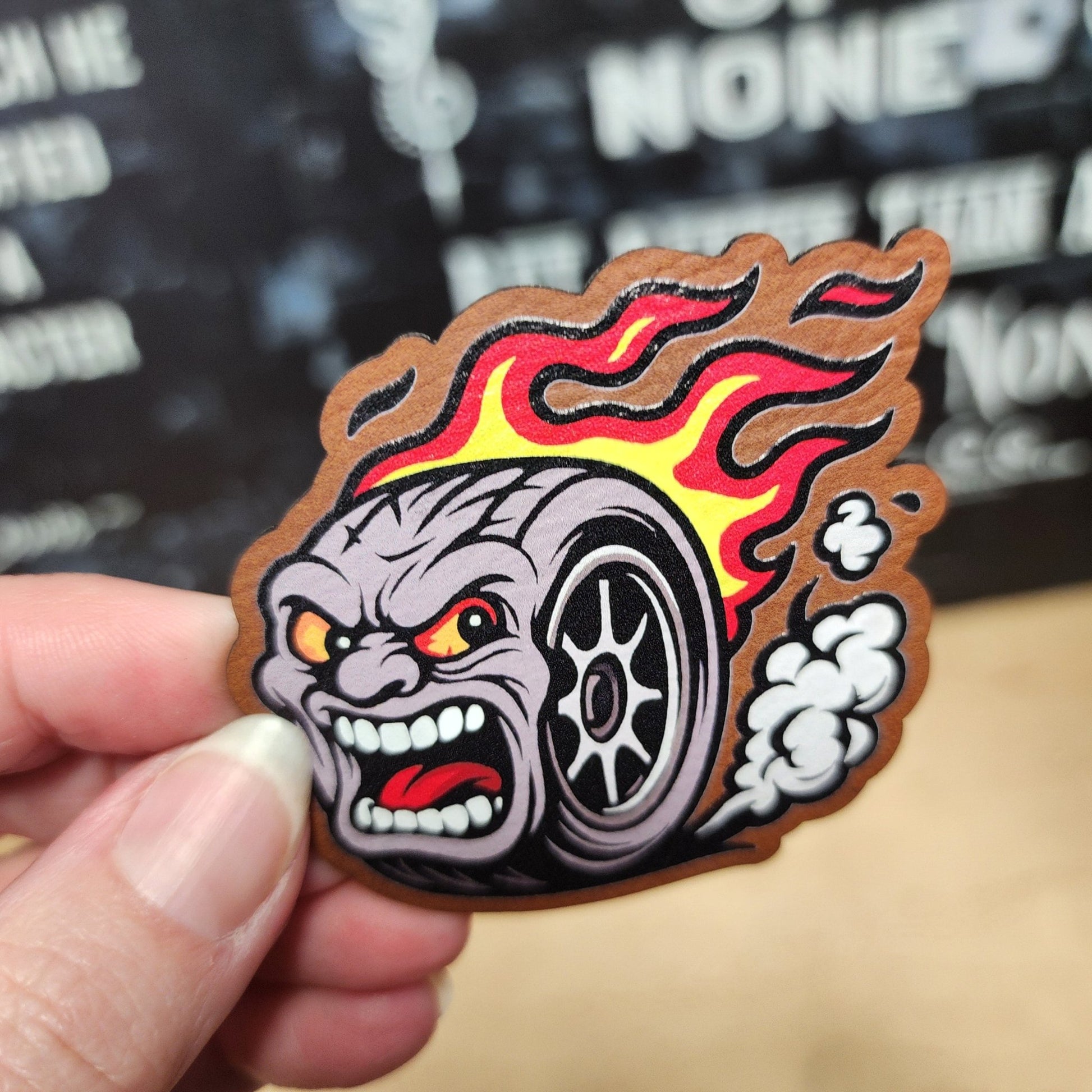 Screaming Tire with Flames UV Printed Leatherette Hat Patch - MR01 - LoneStar Adhesive