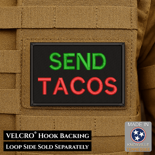 Front design and hook backing of Send Tacos patch in black with green SEND and red TACOS lettering