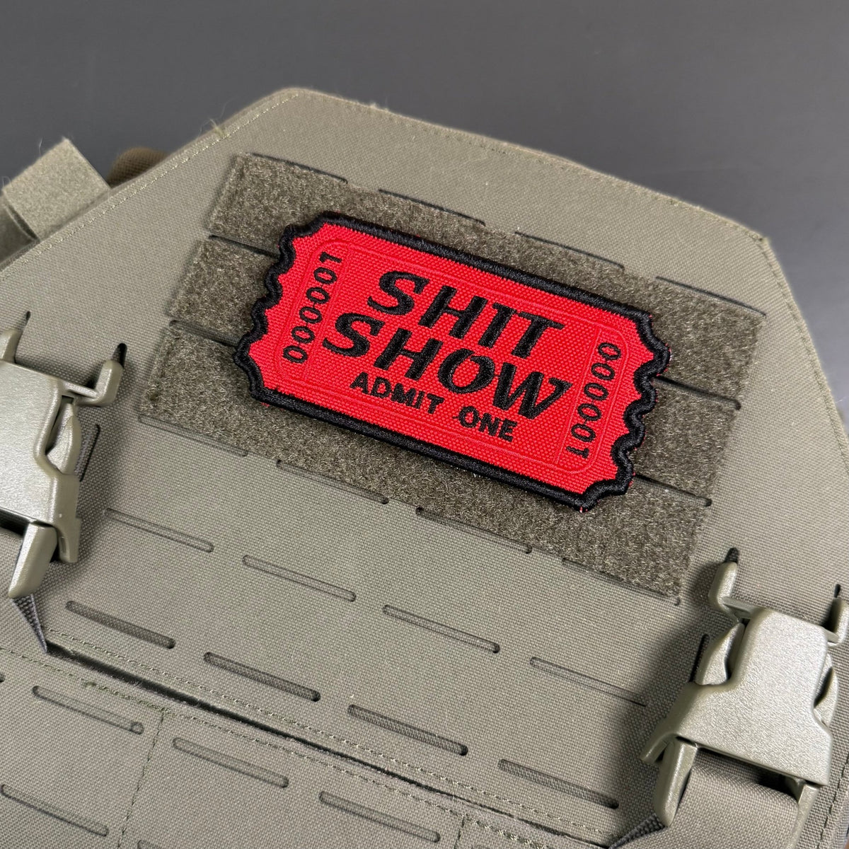 Shit Show Ticket Funny Morale Patch, 2.3x4" | Made in USA | VELCRO® Brand Hook Backing - LoneStar Adhesive