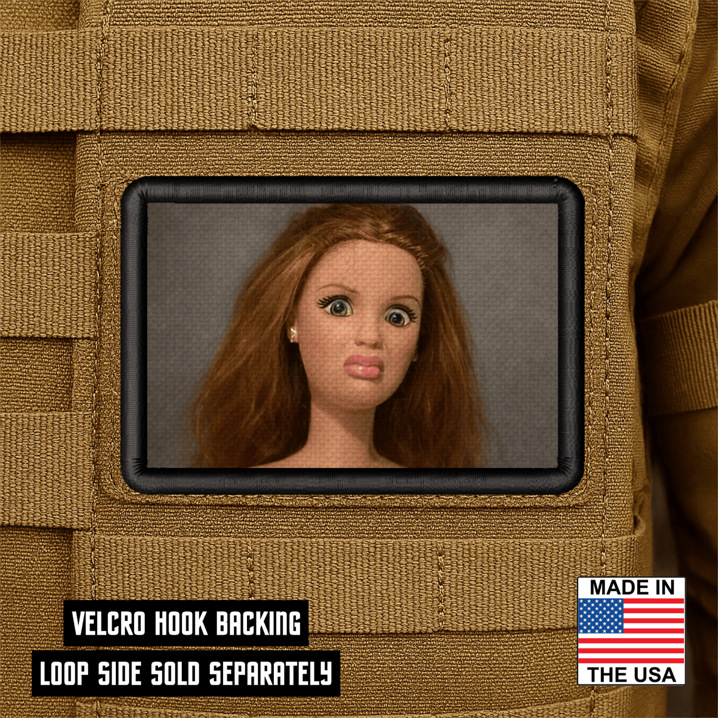 Shocked Doll Meme Funny Morale Patch 2"x3" Hook & Loop | Made in USA - LoneStar Adhesive