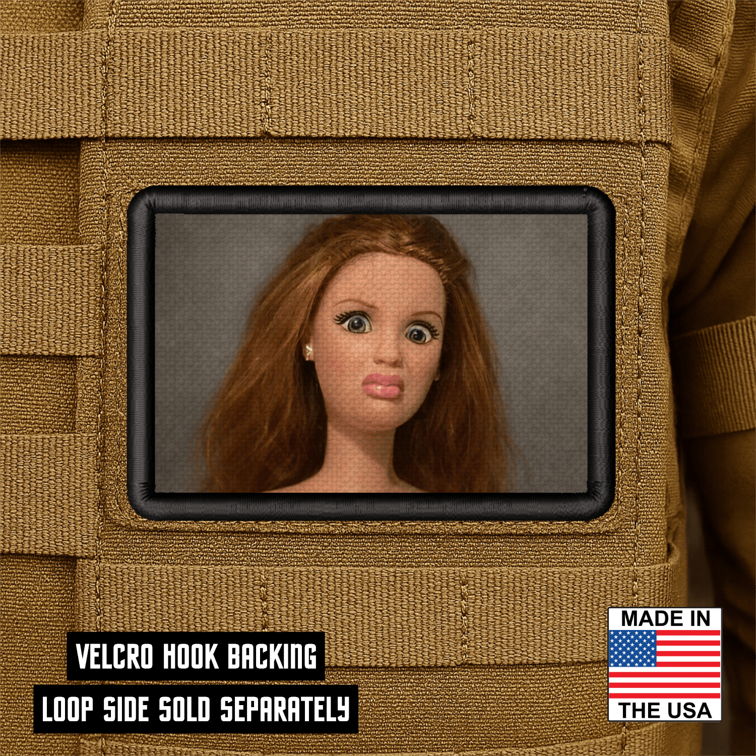 Shocked Doll Meme Funny Morale Patch 2"x3" Hook & Loop | Made in USA - LoneStar Adhesive