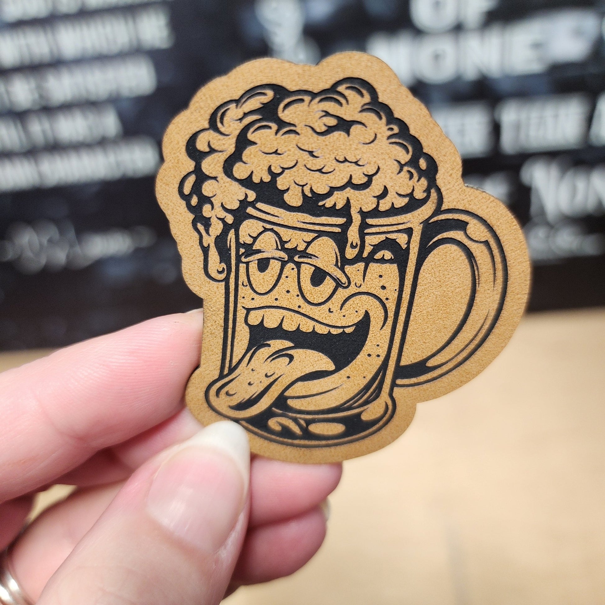 Silly Beer Mug (Saddle Tan) Engraved Leatherette Hat Patch - MR01 - LoneStar Adhesive