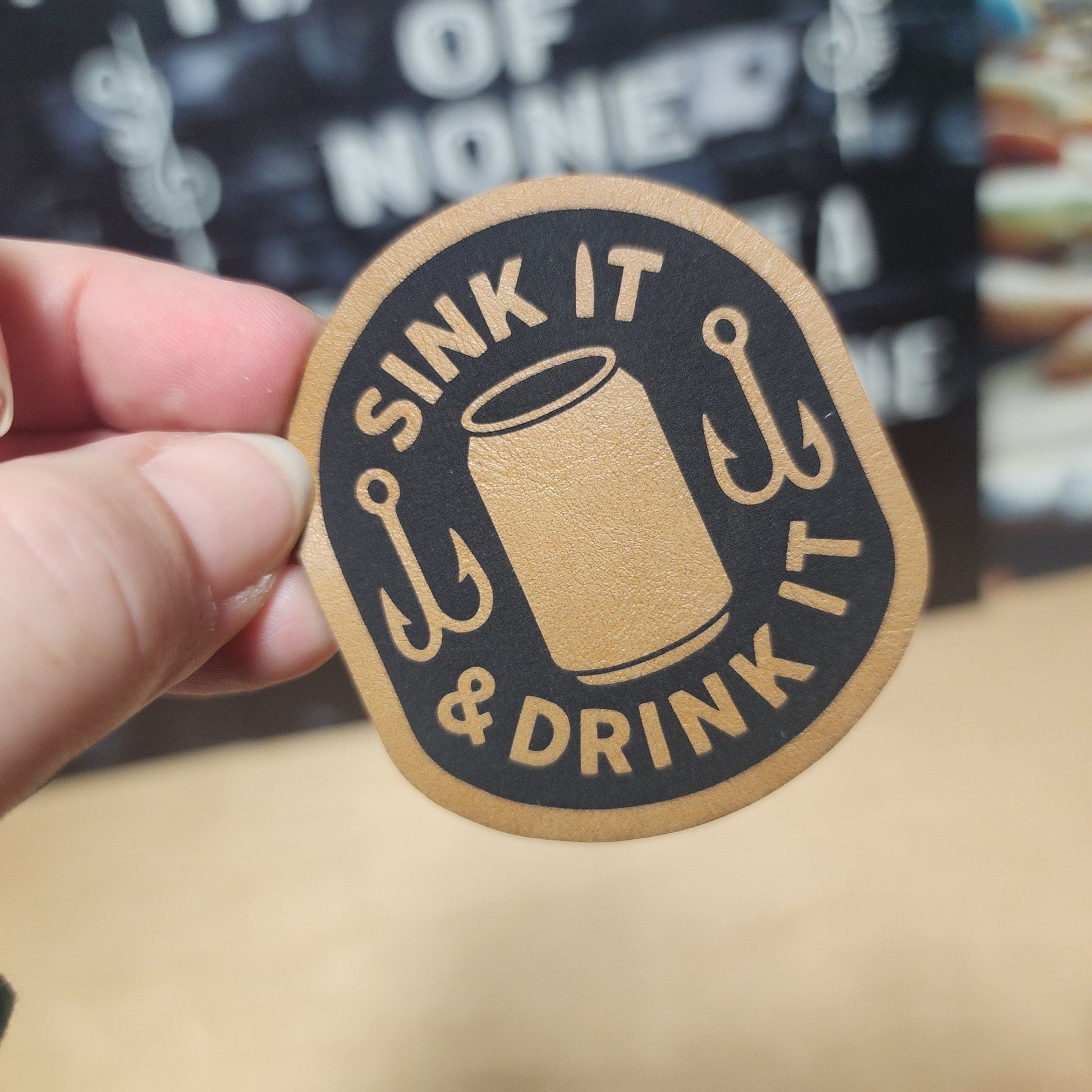 Sink Drink Fishing (Saddle Tan) Engraved Leatherette Hat Patch - MR01 - LoneStar Adhesive