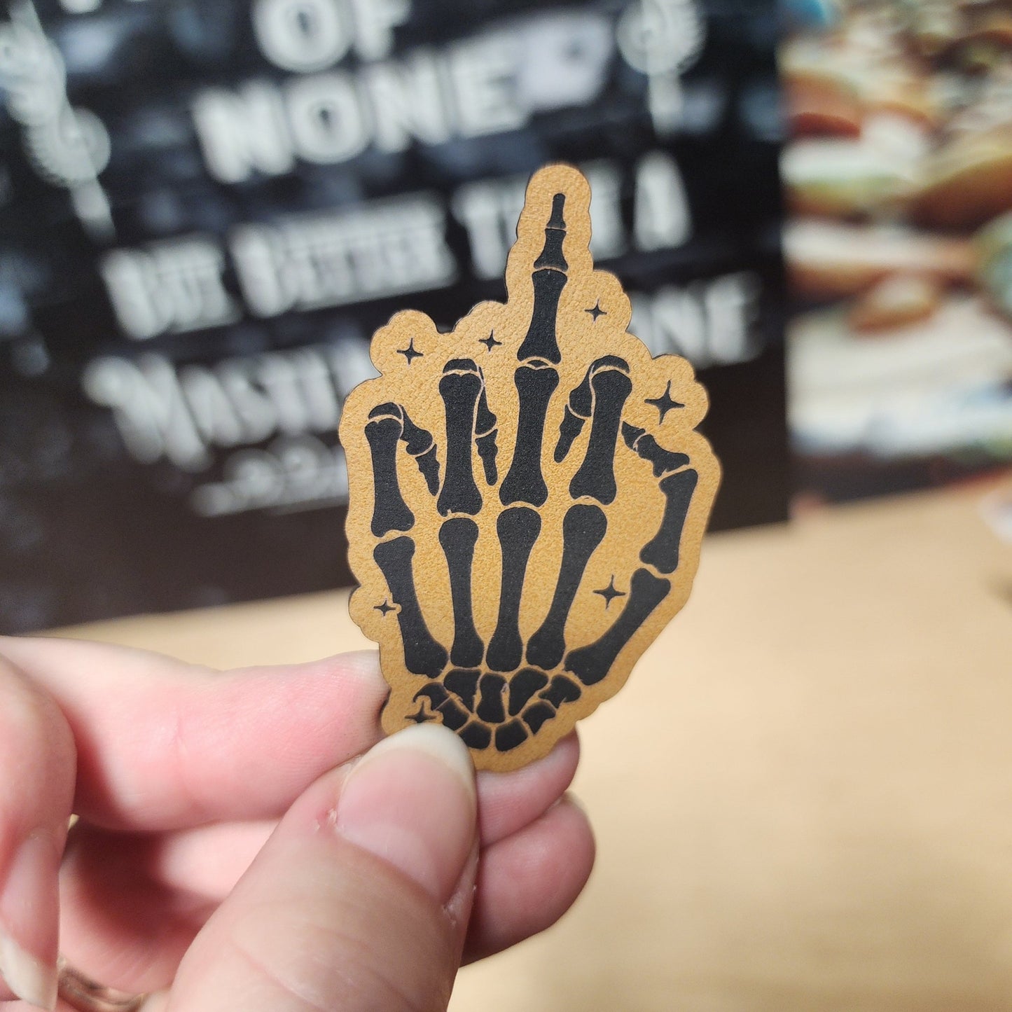 Skeleton Hand Gesture (Saddle Tan) Engraved Leatherette Hat Patch - MR01 - LoneStar Adhesive