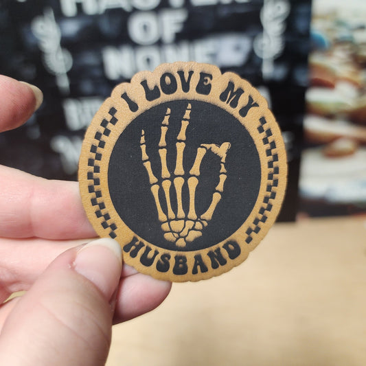 Skeleton Hand Love Husband (Saddle Tan) Engraved Leatherette Hat Patch - MR01 - LoneStar Adhesive