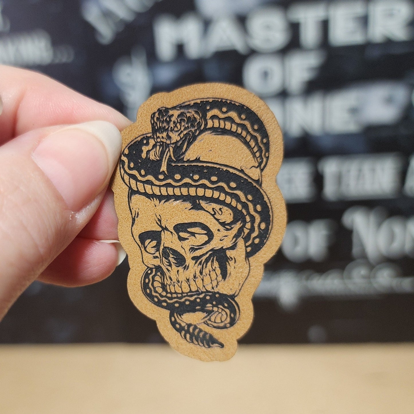 Skull and Snake (Saddle Tan) Engraved Leatherette Hat Patch - MR01 - LoneStar Adhesive