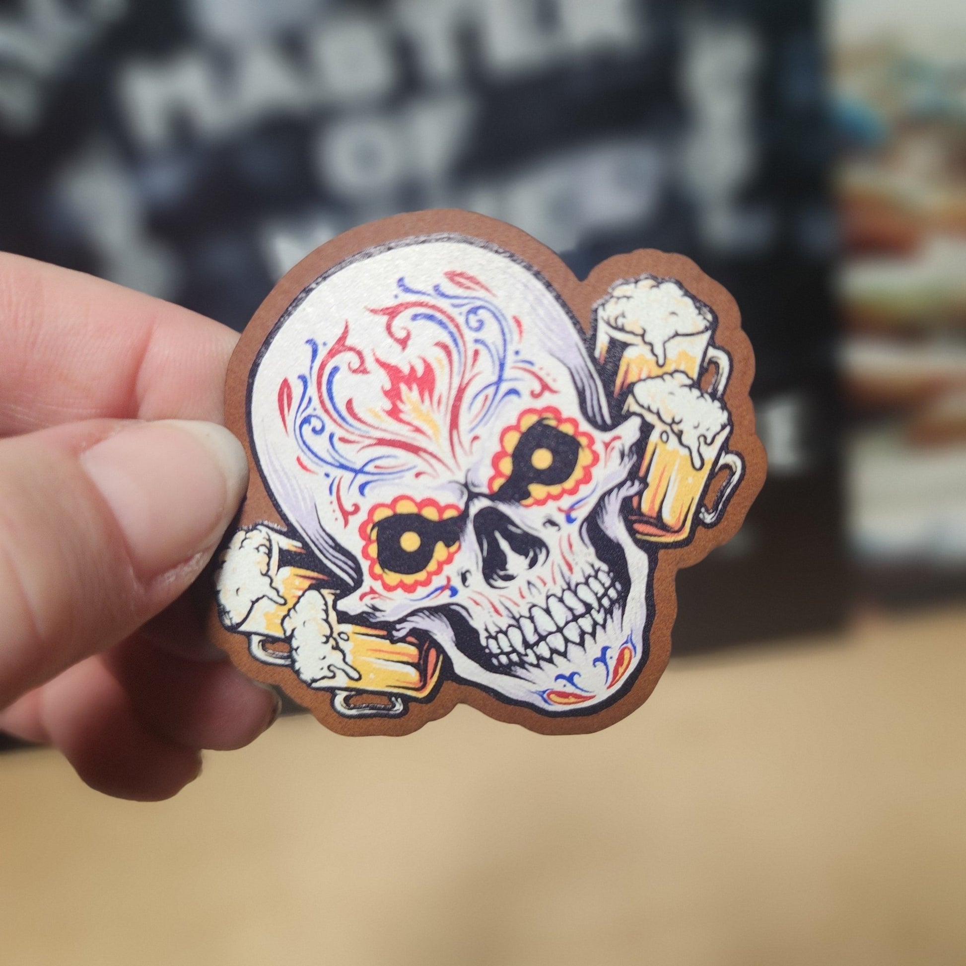Skull with Beer (Rawhide) UV Printed Leatherette Hat Patch - MR01 - LoneStar Adhesive