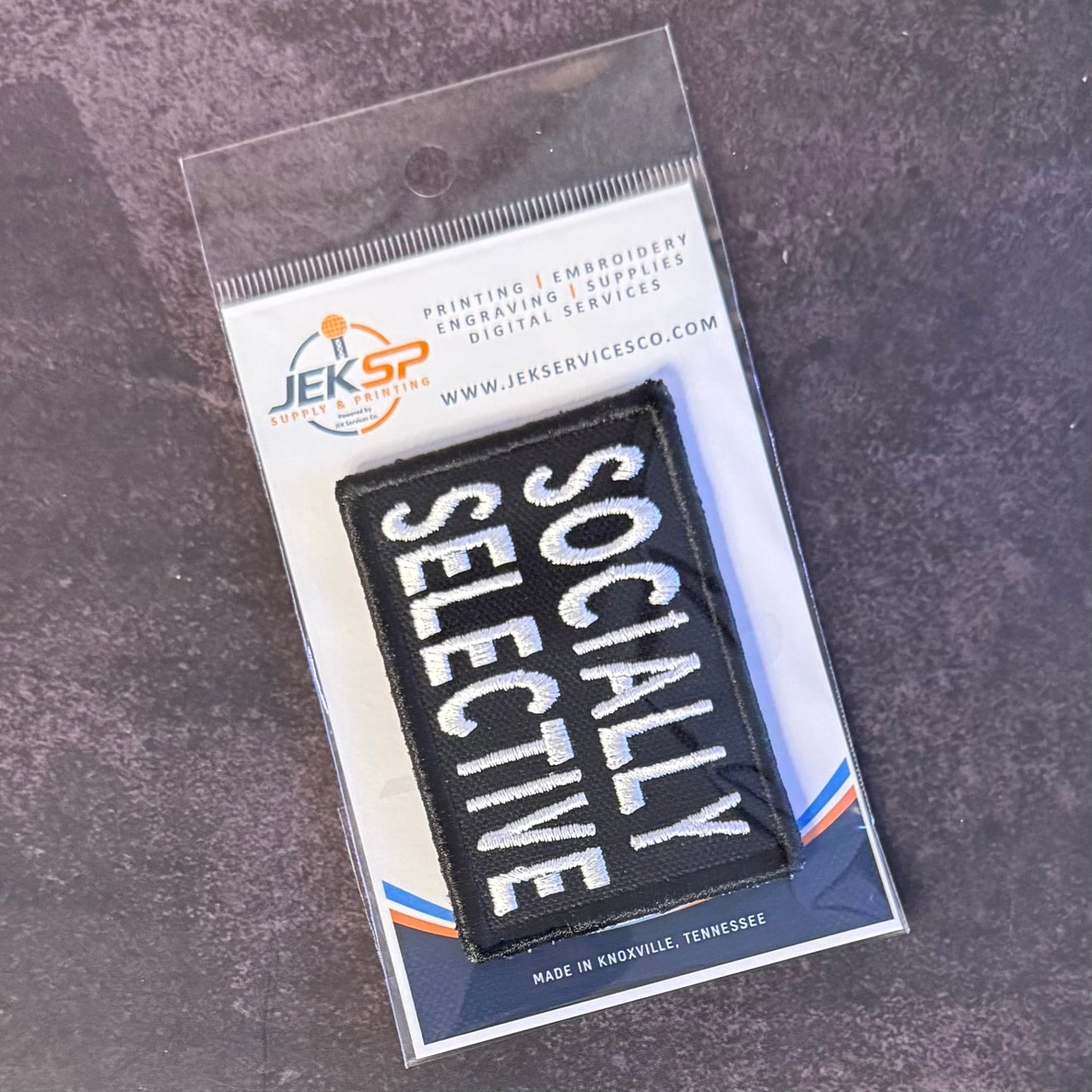 Socially Selective Funny Morale Patch, 2x3" | Made in USA | VELCRO® Brand Hook Backing - LoneStar Adhesive