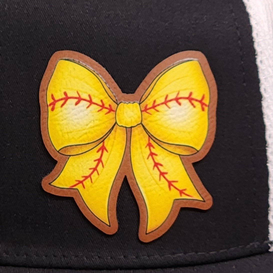Softball Bow UV Printed Leatherette Hat Patch - MR01 - LoneStar Adhesive