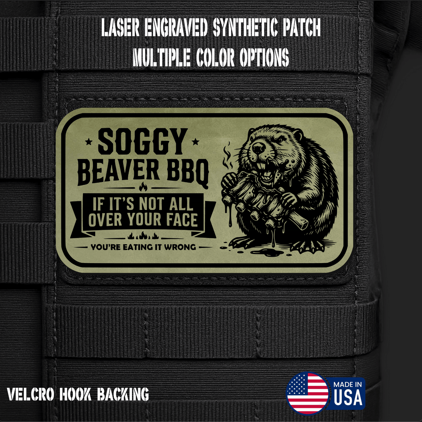 Soggy Beaver BBQ (Option 1) Funny Morale Patch | Made in USA | VELCRO® Brand Hook Backing - LoneStar Adhesive