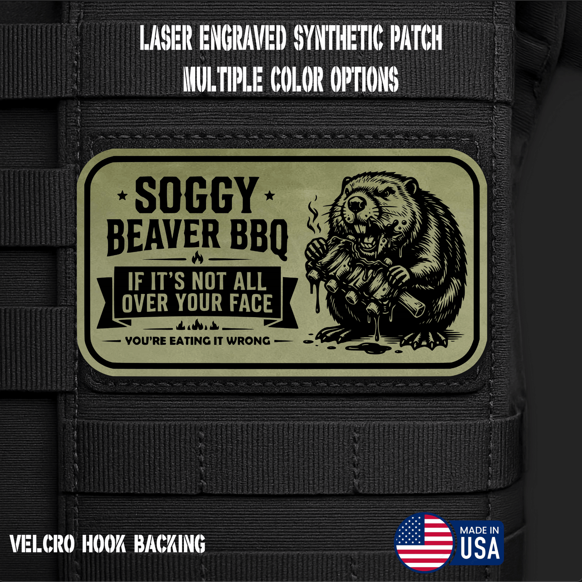 Soggy Beaver BBQ (Option 1) Funny Morale Patch | Made in USA | VELCRO® Brand Hook Backing - LoneStar Adhesive