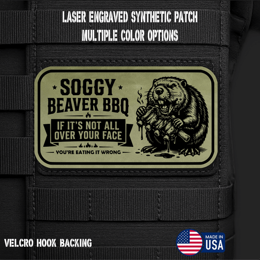 Soggy Beaver BBQ (Option 1) Funny Morale Patch | Made in USA | VELCRO® Brand Hook Backing - LoneStar Adhesive