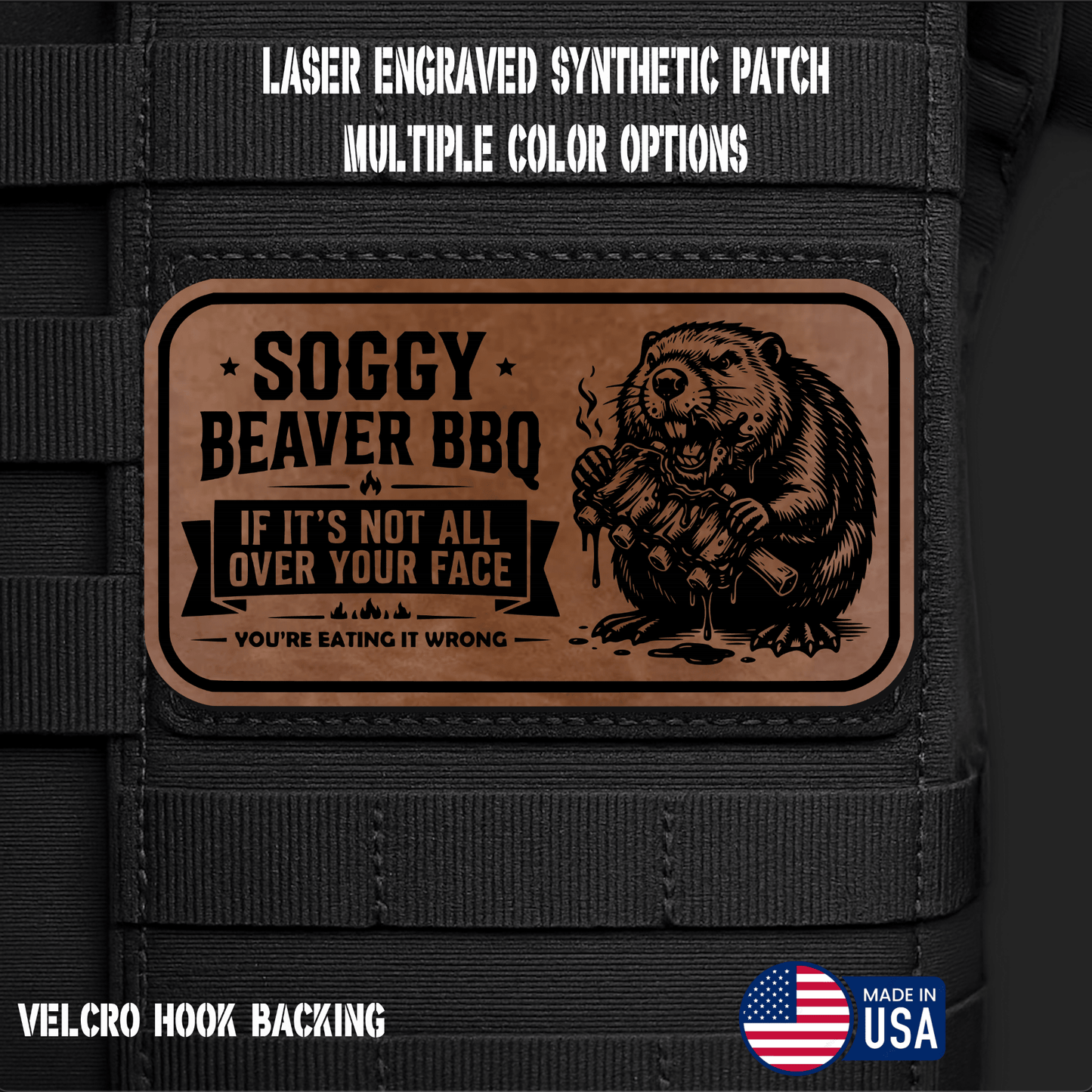 Soggy Beaver BBQ (Option 1) Funny Morale Patch | Made in USA | VELCRO® Brand Hook Backing - LoneStar Adhesive