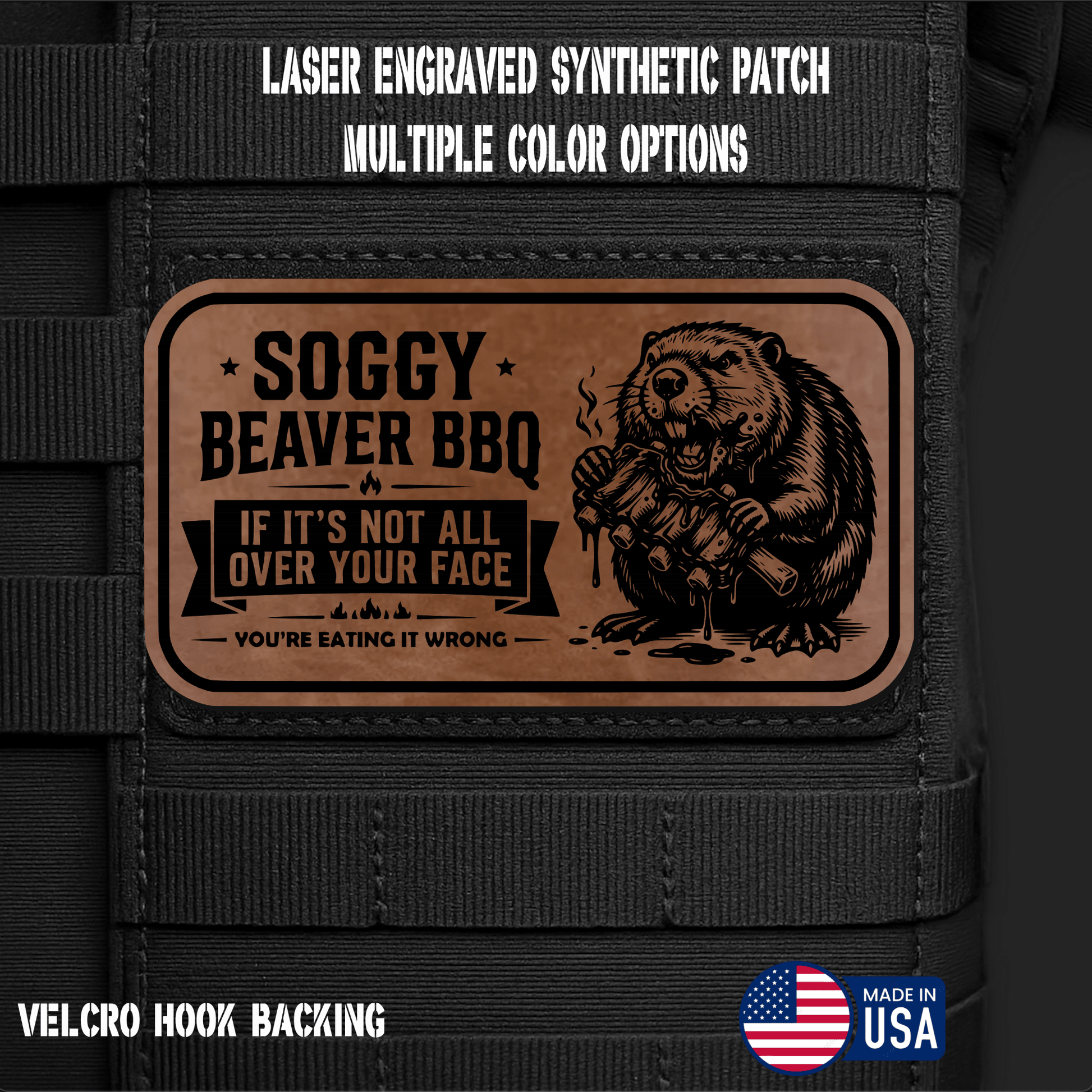 Soggy Beaver BBQ (Option 1) Funny Morale Patch | Made in USA | VELCRO® Brand Hook Backing - LoneStar Adhesive