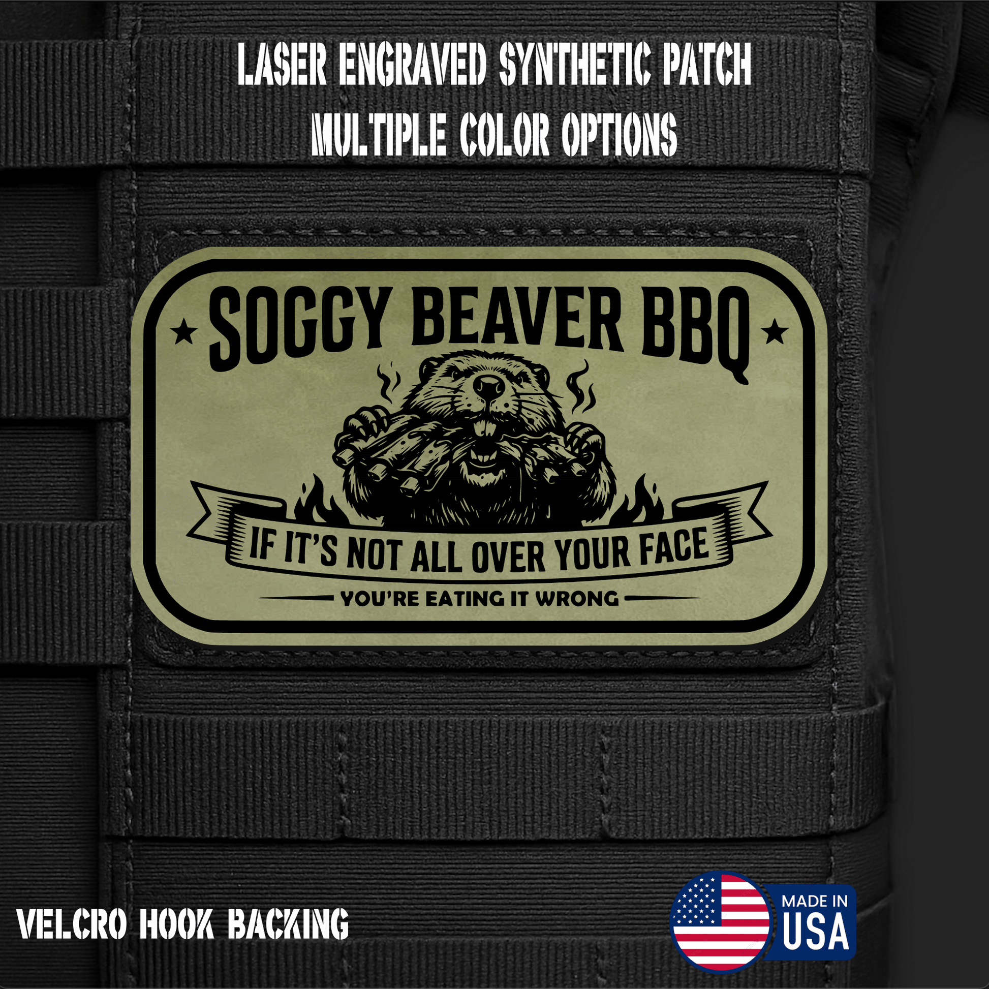 Soggy Beaver BBQ (Option 2) Funny Morale Patch | Made in USA | VELCRO® Brand Hook Backing - LoneStar Adhesive