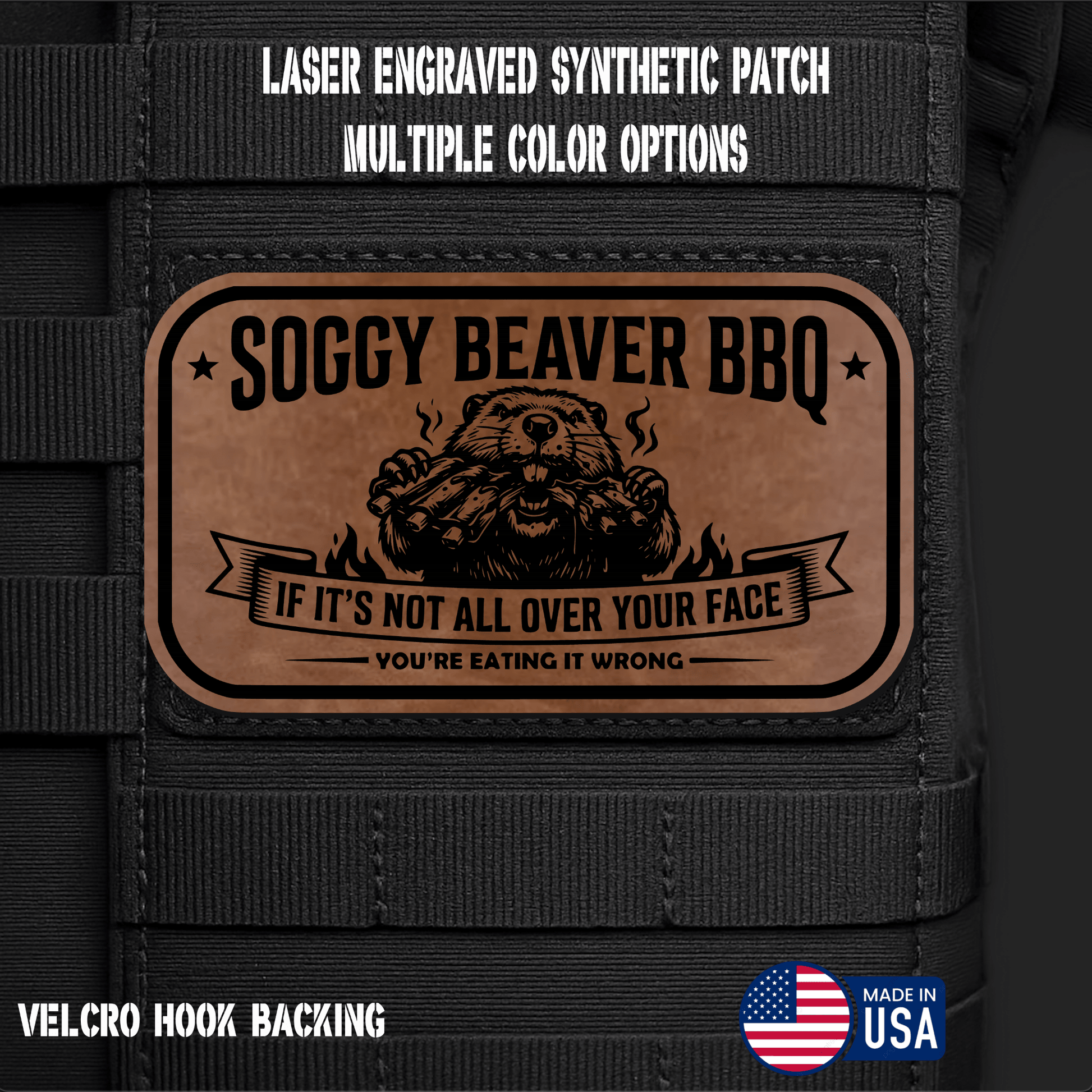 Soggy Beaver BBQ (Option 2) Funny Morale Patch | Made in USA | VELCRO® Brand Hook Backing - LoneStar Adhesive