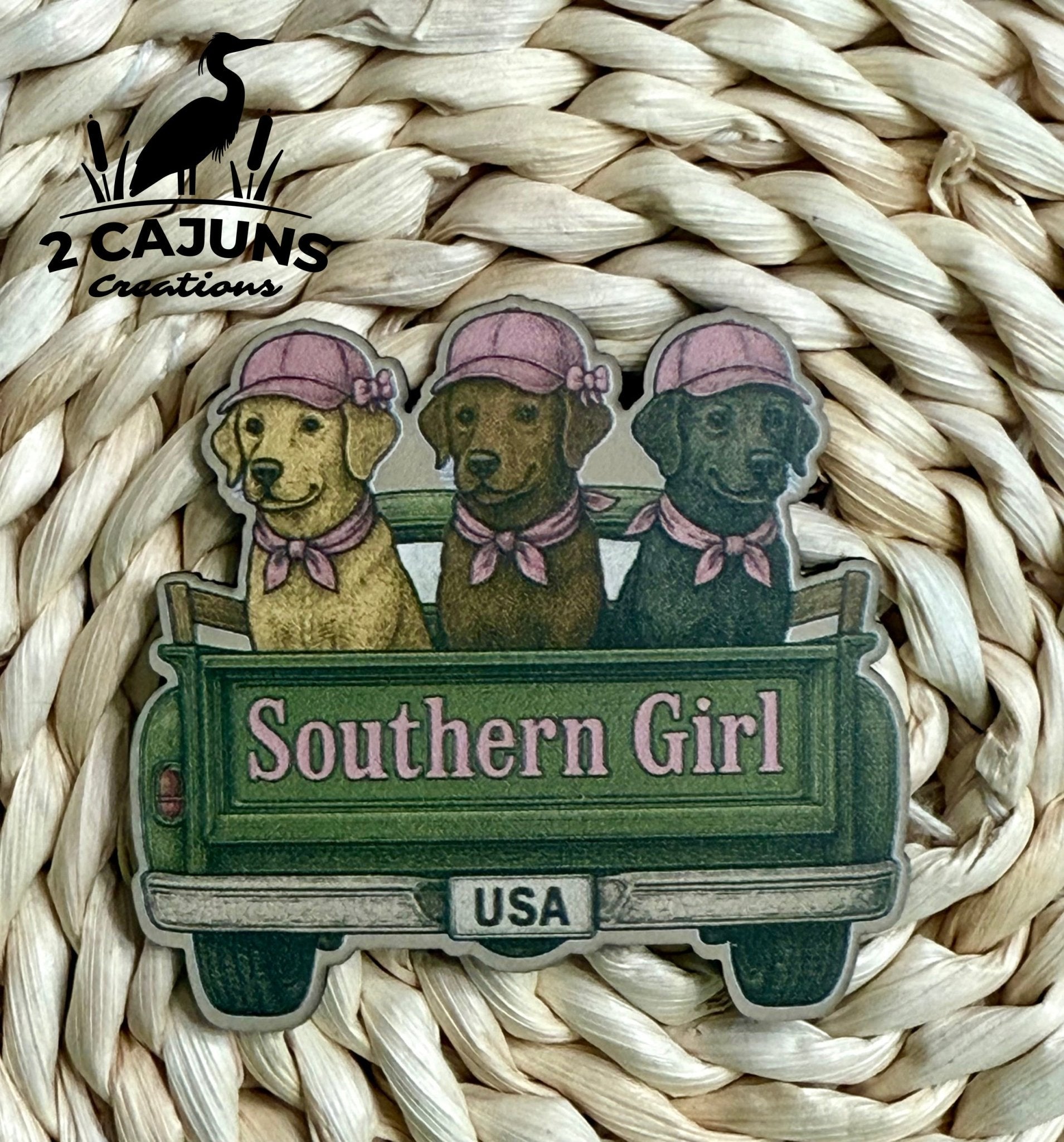 Southern Girl Vintage Look Labs in Truck UV Printed Leatherette Hat Patch - LoneStar Adhesive