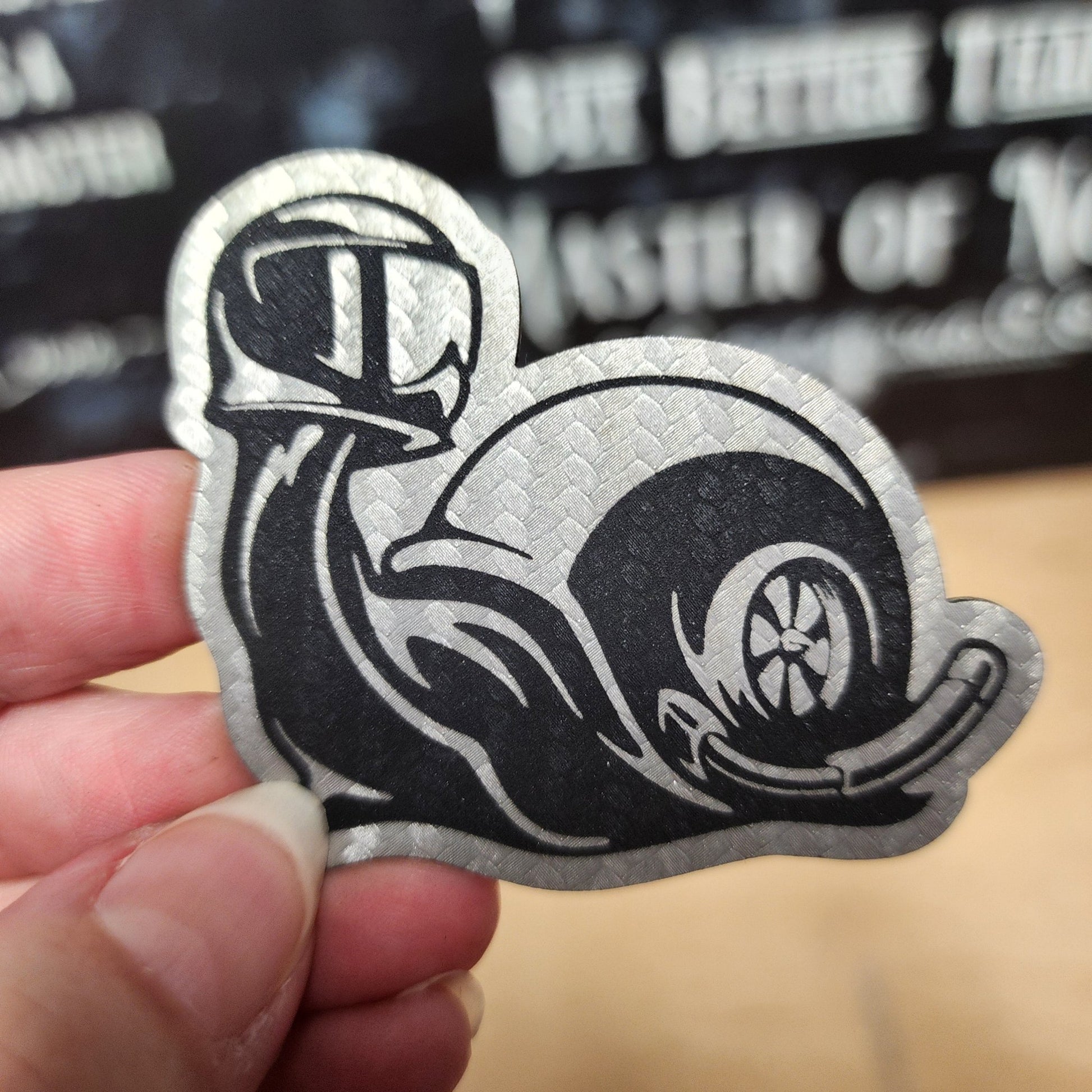 Speedy Snail Turbo Carbon Fiber Engraved Leatherette Hat Patch - MR01 - LoneStar Adhesive