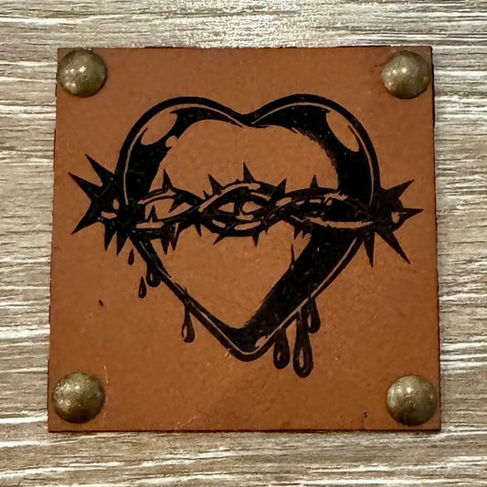 Spiked Heart Leather Iron-On Patch with Studs - Brown - #LoneStar Adhesive#