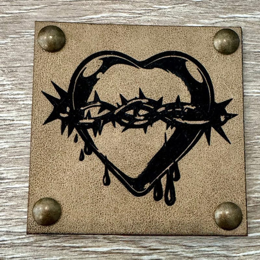 Spiked Heart Leather Iron-On Patch with Studs - Tan - #LoneStar Adhesive#