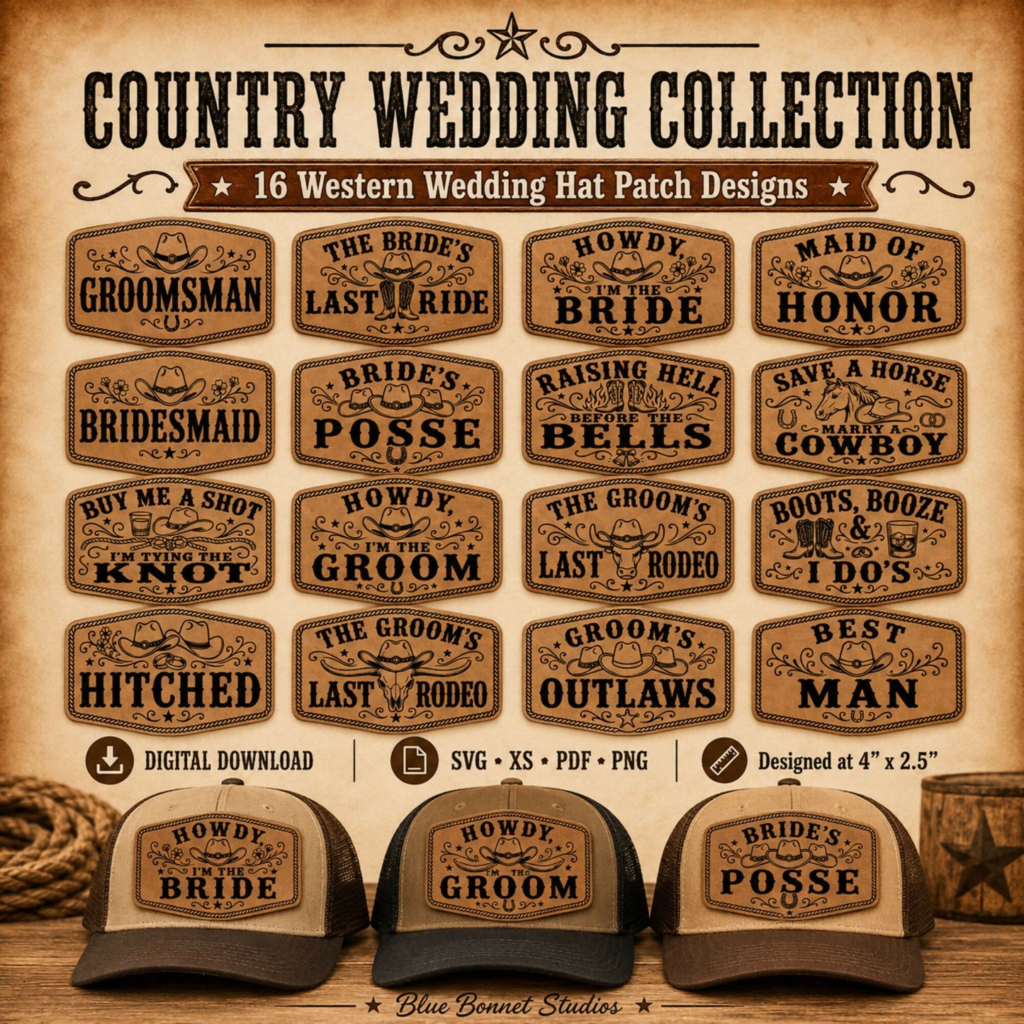 Country Wedding Hat Patch SVG Bundle, 16 Western Wedding Patch Designs, Bride Groom Bridal Party Laser Engraving Files