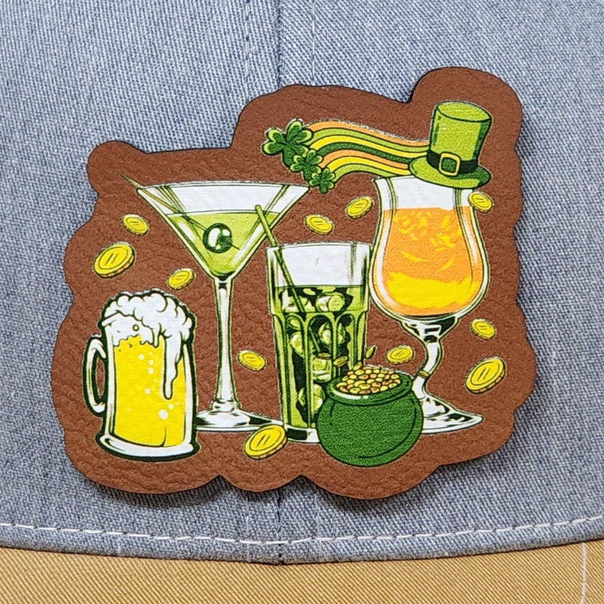 St. Patrick's Day Drinks UV Printed Leatherette Hat Patch - MR01 - LoneStar Adhesive