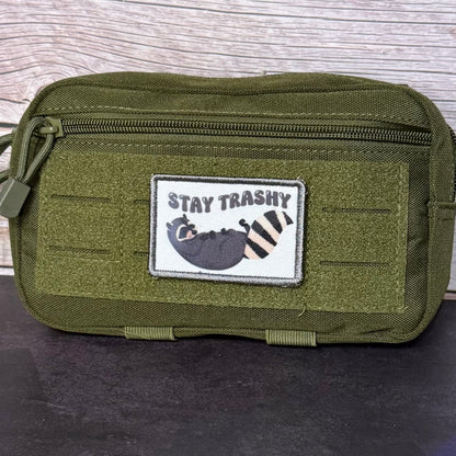 Stay Trashy Raccoon Trash Panda Funny Morale Patch, 2x3" | Made in USA | VELCRO® Brand Hook Backing - LoneStar Adhesive