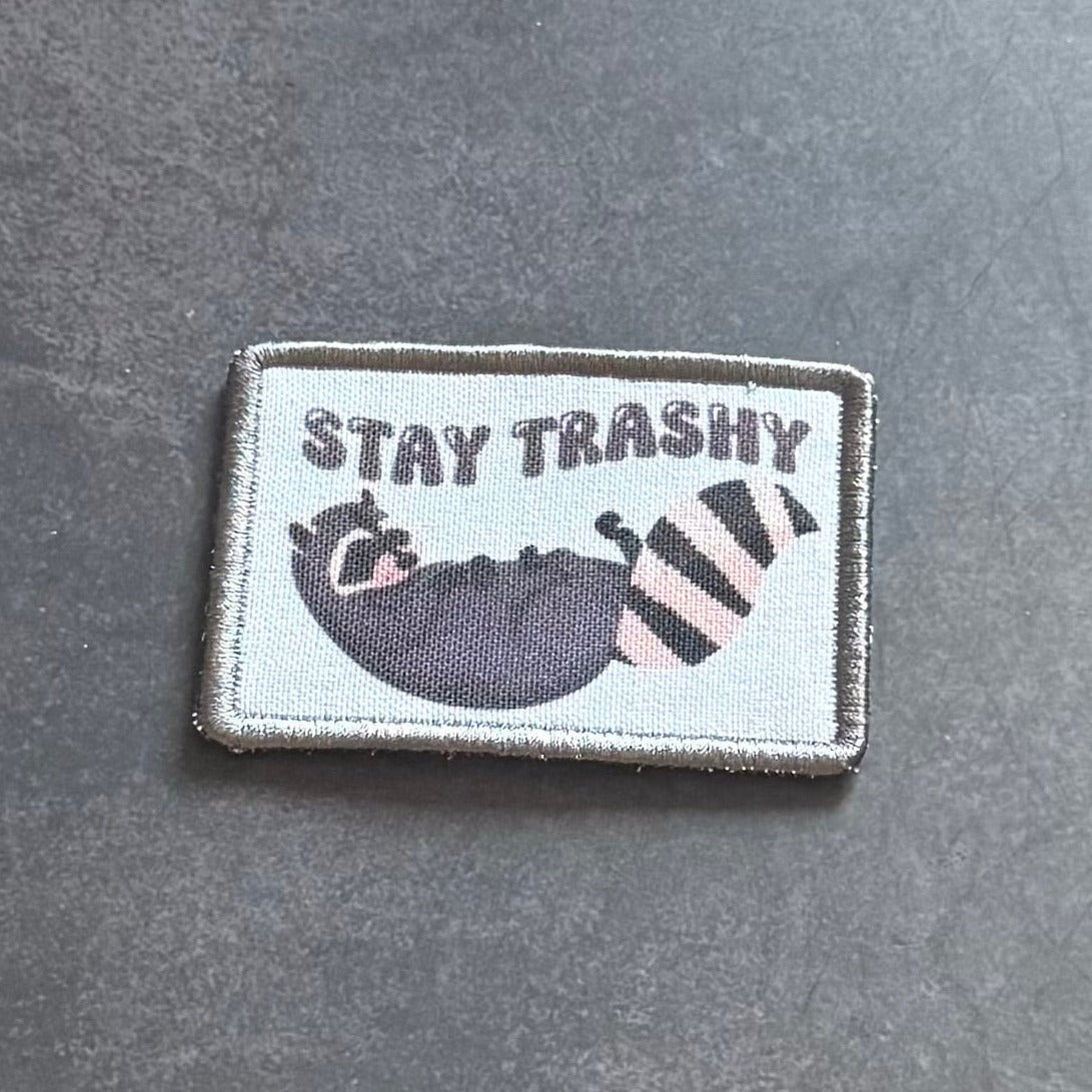 Stay Trashy Raccoon Trash Panda Funny Morale Patch, 2x3" | Made in USA | VELCRO® Brand Hook Backing - LoneStar Adhesive