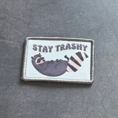 Stay Trashy Raccoon Trash Panda Funny Morale Patch, 2x3" | Made in USA | VELCRO® Brand Hook Backing - LoneStar Adhesive