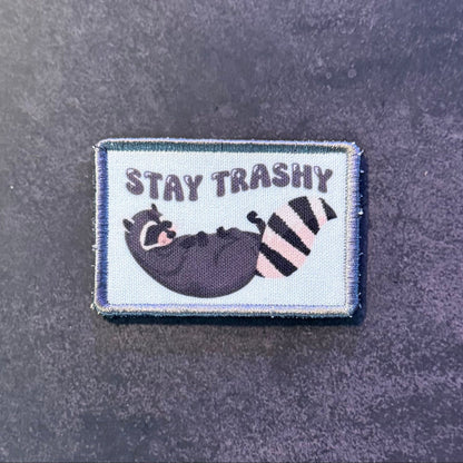 Stay Trashy Raccoon Trash Panda Funny Morale Patch | Made in USA | VELCRO® Brand Hook Backing - LoneStar Adhesive