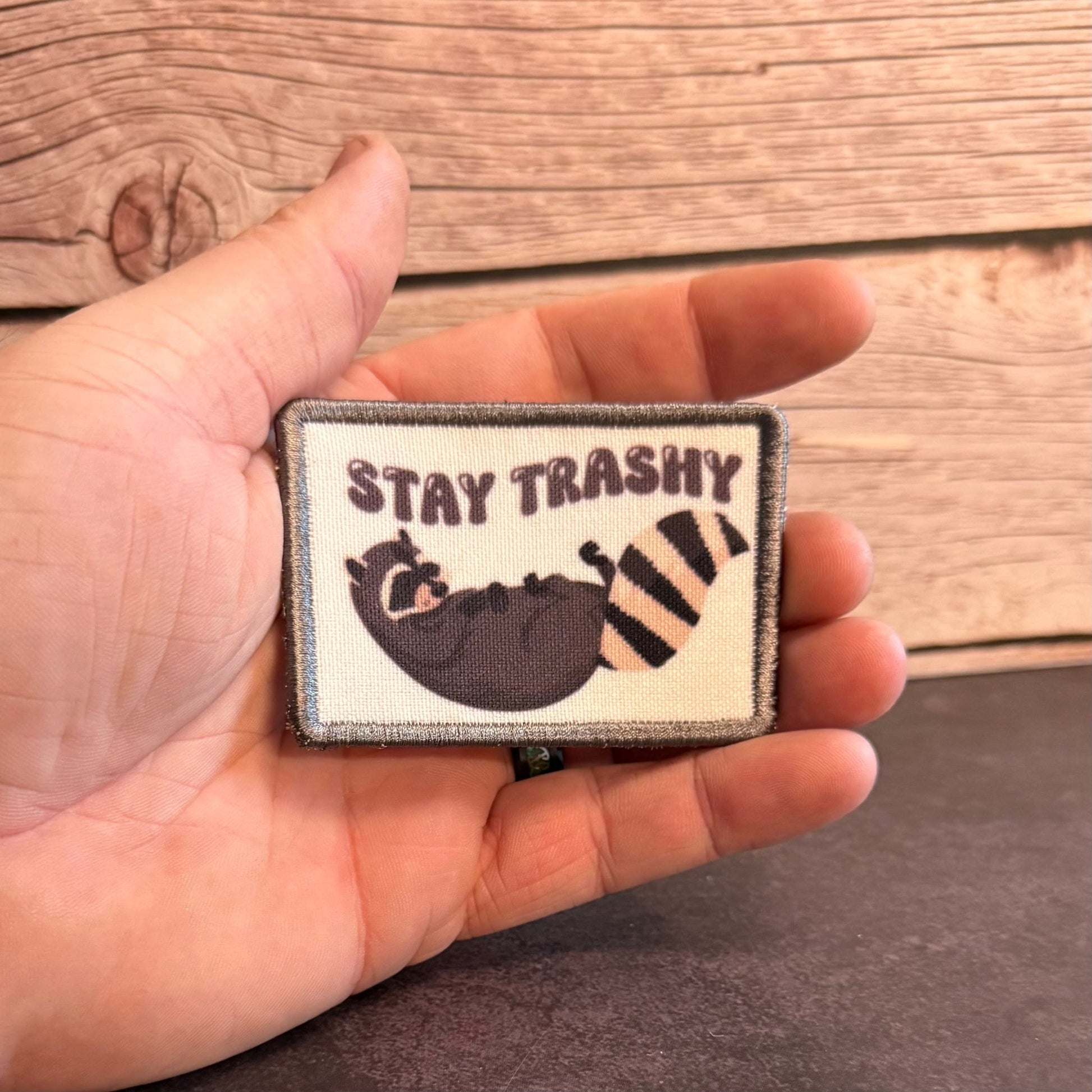 Stay Trashy Raccoon Trash Panda Funny Morale Patch | Made in USA | VELCRO® Brand Hook Backing - LoneStar Adhesive