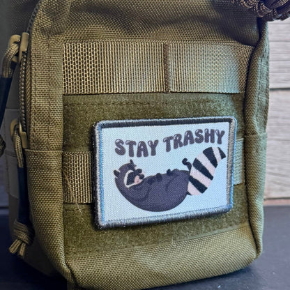 Stay Trashy Raccoon Trash Panda Funny Morale Patch | Made in USA | VELCRO® Brand Hook Backing - LoneStar Adhesive