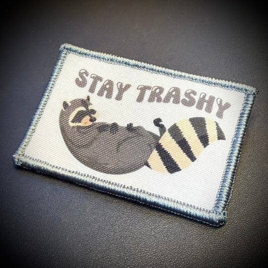 Stay Trashy Raccoon Trash Panda Funny Printed Morale Patch, 2x3" | VELCRO® Brand Hook Backing - #LoneStar Adhesive#