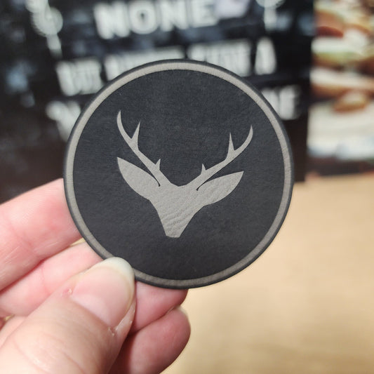 Stylish Stag Silhouette Design (Grey) Engraved Leatherette Hat Patch - MR01 - LoneStar Adhesive