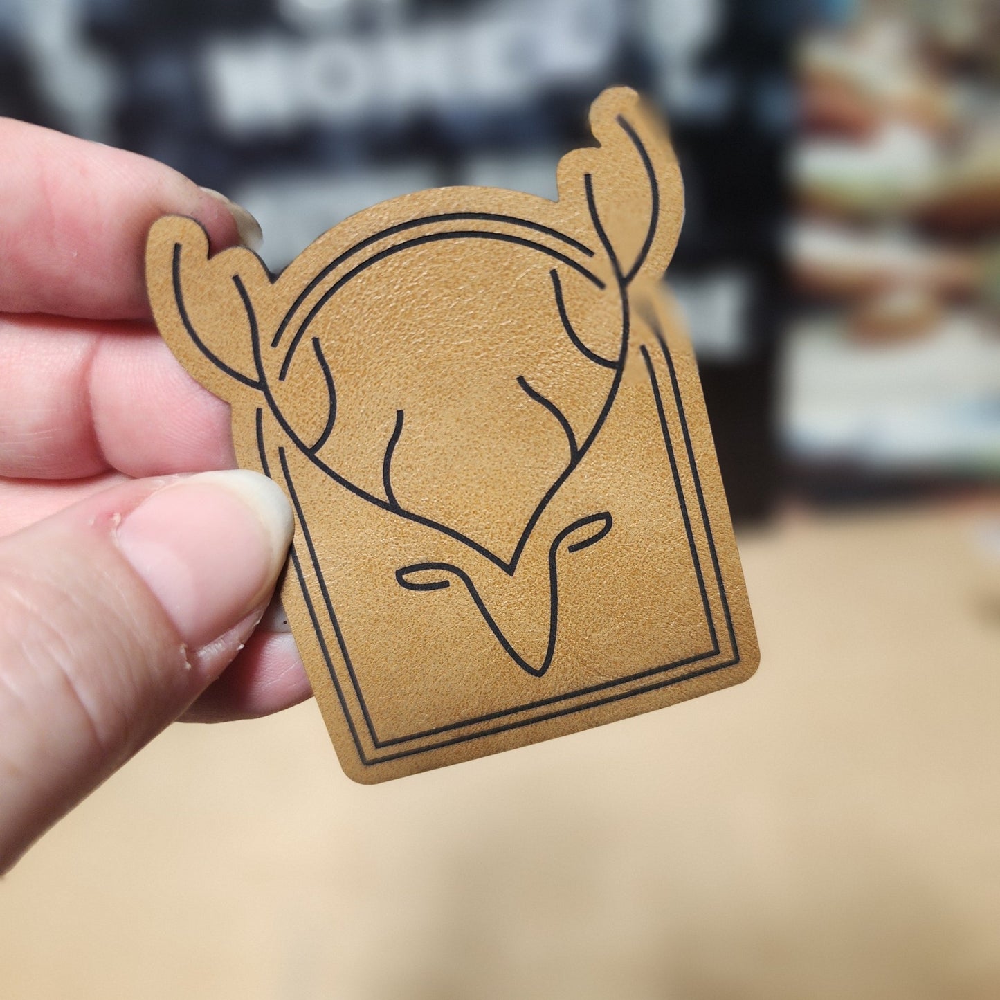 Stylized Deer Antler (Saddle Tan) Engraved Leatherette Hat Patch - MR01 - LoneStar Adhesive