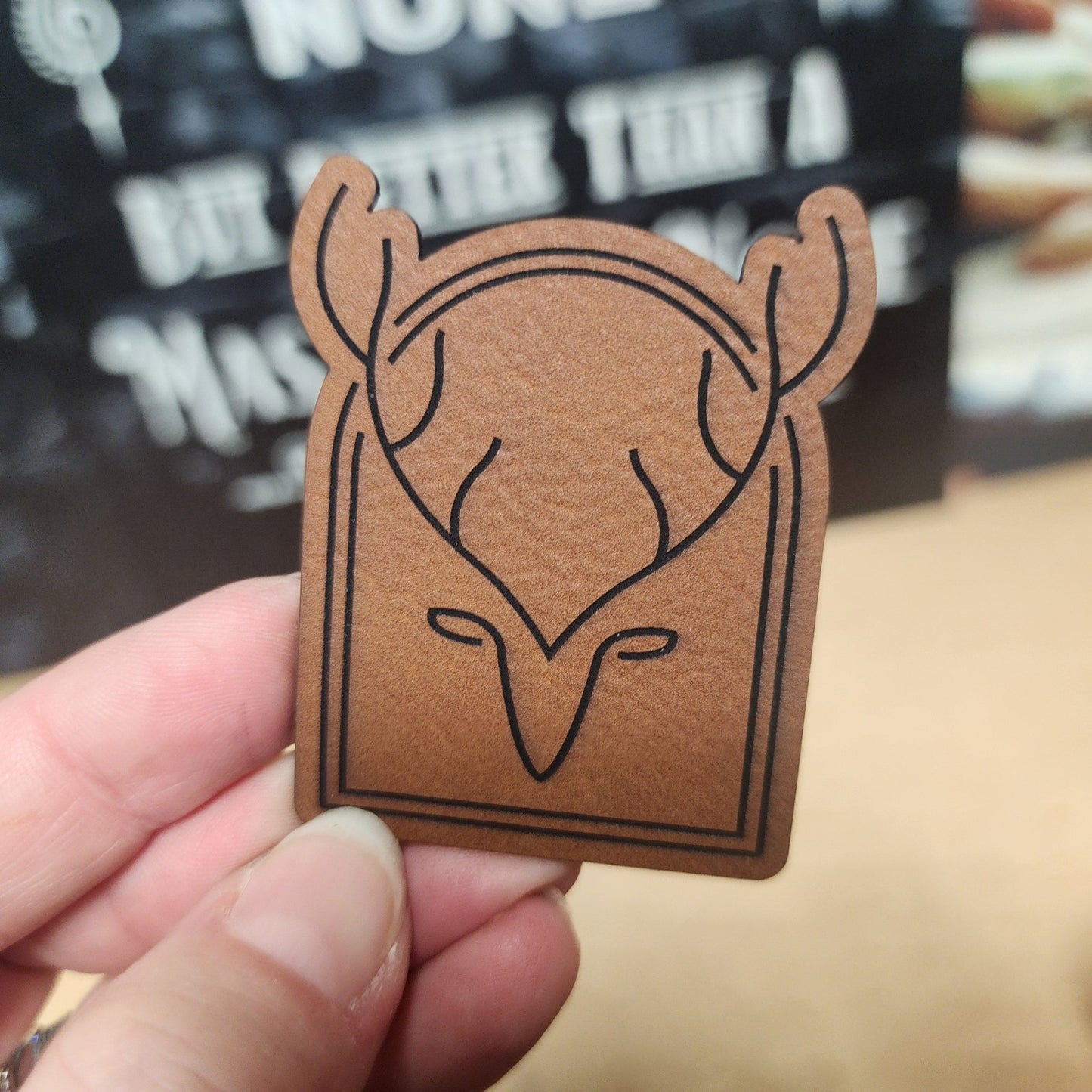 Stylized Deer Head Design Engraved Leatherette Hat Patch - MR01 - LoneStar Adhesive