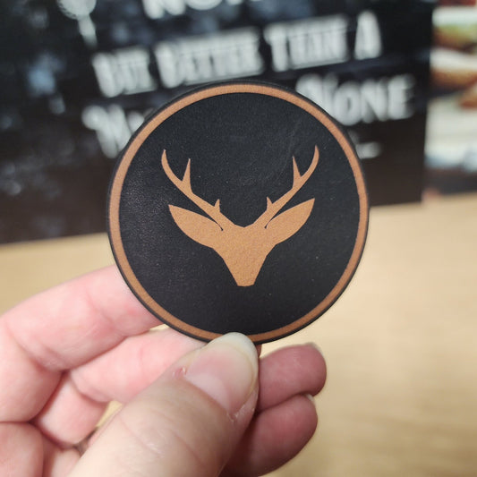 Stylized Deer Head Emblem (Rawhide) Engraved Leatherette Hat Patch - MR01 - LoneStar Adhesive
