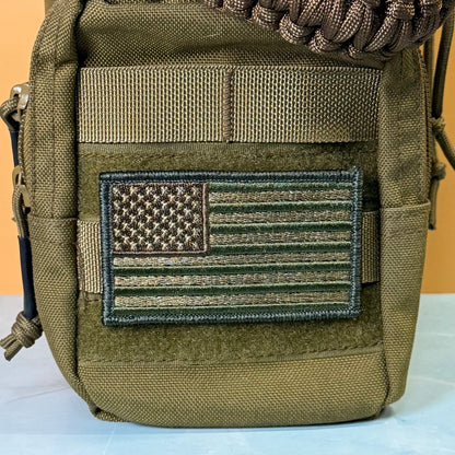 Subdued FDE Tactical American Flag patch in subdued tan and green American flag, mounted on an olive backpack