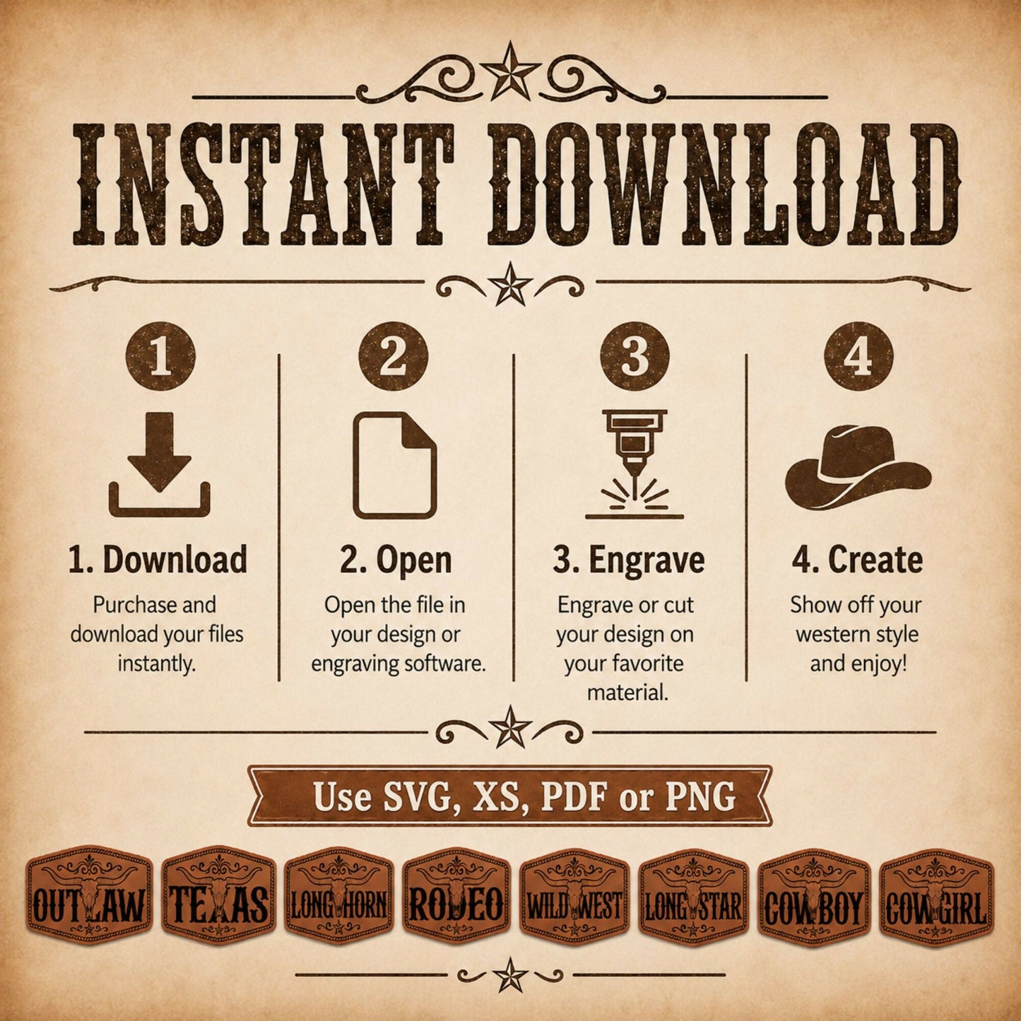 Summer Skull Western Hat Patch SVG Bundle, Longhorn Skull Laser Engraving Files, Cowboy Cowgirl Outlaw Texas XS PDF PNG - LoneStar Adhesive