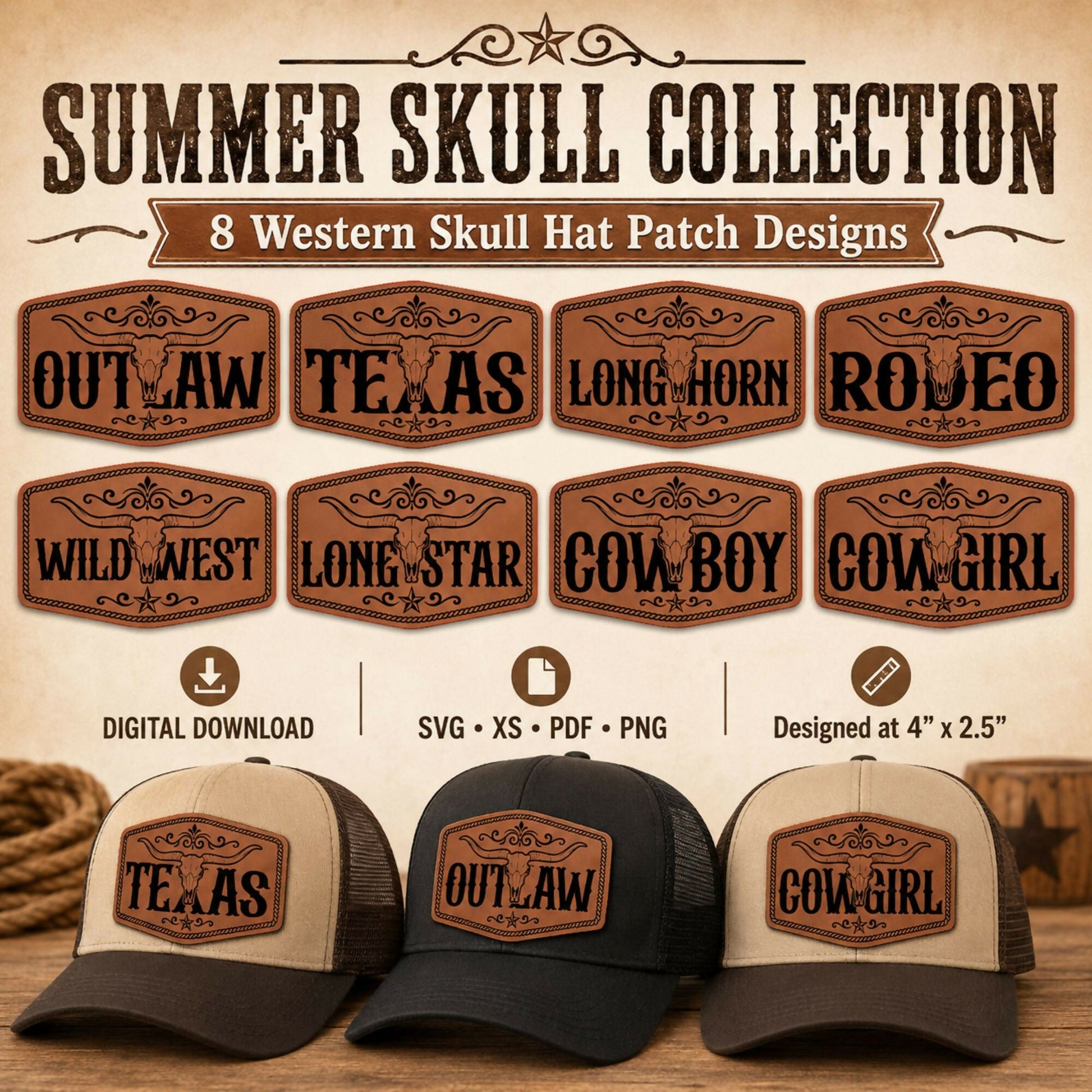 Summer Skull Western Hat Patch SVG Bundle, Longhorn Skull Laser Engraving Files, Cowboy Cowgirl Outlaw Texas XS PDF PNG - LoneStar Adhesive