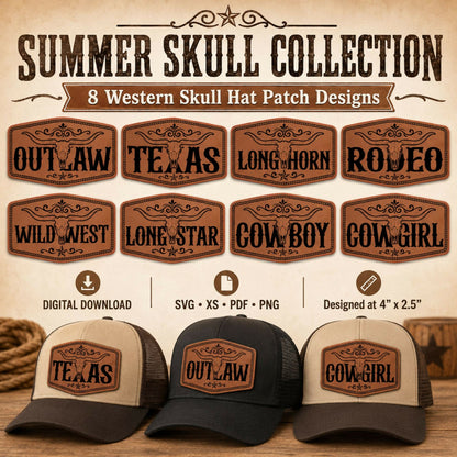 Summer Skull Western Hat Patch SVG Bundle, Longhorn Skull Laser Engraving Files, Cowboy Cowgirl Outlaw Texas XS PDF PNG - LoneStar Adhesive