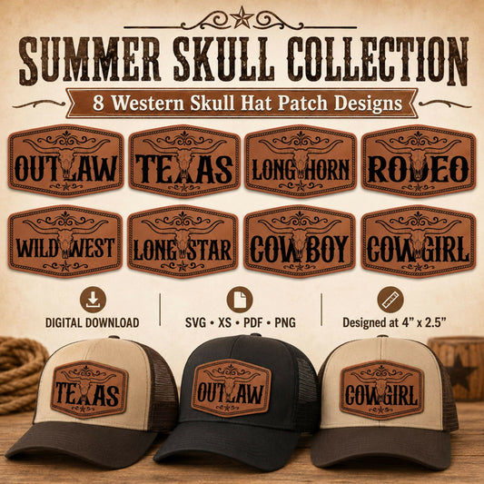 Summer Skull Western Hat Patch SVG Bundle, Longhorn Skull Laser Engraving Files, Cowboy Cowgirl Outlaw Texas XS PDF PNG - LoneStar Adhesive