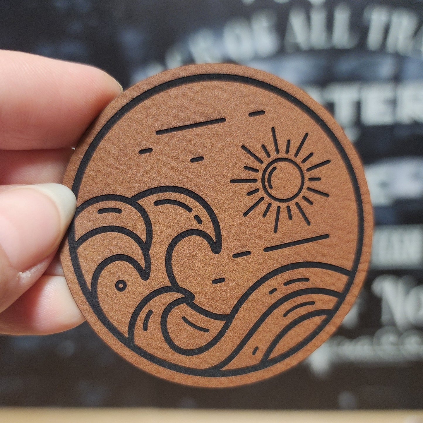 Sun and Waves (Rawhide) Engraved Leatherette Hat Patch - MR01 - LoneStar Adhesive