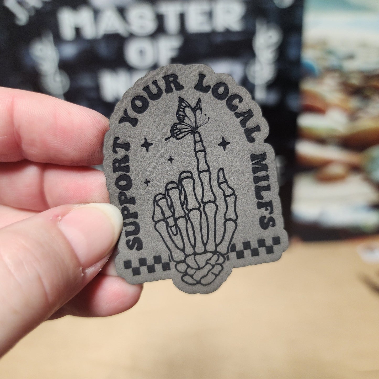 Support Your Local MILFs (Grey) Engraved Leatherette Hat Patch - MR01 - LoneStar Adhesive